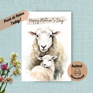 Afdrukbare Moederdagkaart schapen, Instant Download Print at Home Ooi en haar lam groet voor moeder, aquarel dieren in het wild cadeau voor moeder