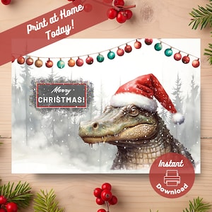 Druckbare Alligator Weihnachtskarte, sofortiger digitaler Download Druck zu Hause Karte, lustige Weihnachtsmütze, Alligator Geschenk, Aquarell-Illustration