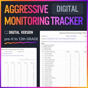 Puede incluir: Una hoja de trabajo imprimible para una clase de matemáticas de tercer grado. La hoja de trabajo se titula "Agressive Monitoring Strategic Data Tracker" e incluye una tabla con los nombres de los estudiantes, una columna para cada "vuelta" y una columna para "DOL". La lección es "Encontrar el perímetro con longitudes de lado faltantes" y el objetivo es encontrar el perímetro de un rectángulo cuyos lados miden 8 y 3 pulgadas.
