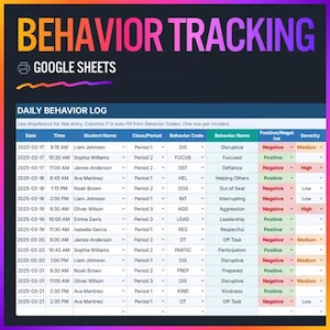 Op de afbeelding: Een digitale sjabloon voor een gedragsregistratielogboek met de titel "BEHAVIOR TRACKING" in een verloop van paars en oranje. Het logboek bevat kolommen voor datum, tijd, studentnaam, gedragscode en ernst.