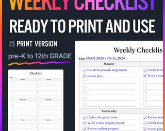 Weekly Checklist Printable | Monday to Sunday Planner, Weekly To Do List, Teacher Student Task Organizer & Classroom Planning Template