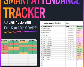 Digitale aanwezigheidsregistratie voor docenten | Bewerkbaar Google Spreadsheets Excel-aanwezigheidslogboek, geautomatiseerd overzicht en presentielijst studenten