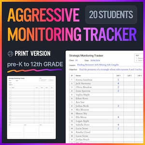 May include: A black and white printable classroom chart for tracking student progress. The chart is titled "Aggressive Monitoring Tracker" and includes a key, class, date, lesson, objective, student names, and three columns labeled "Lap 1", "Lap 2", and "Lap 3".