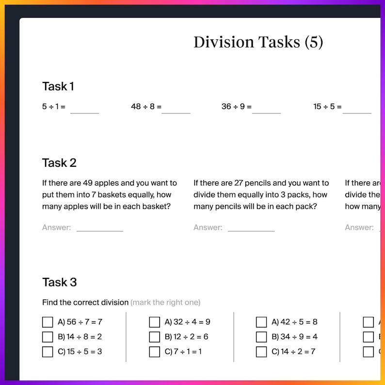 Division Tasks Worksheets | Printable Math Practice for 2nd and 3rd ...