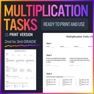 Puede incluir: Una hoja de trabajo imprimible con tareas de multiplicación para estudiantes de 2º a 3º grado. La hoja de trabajo incluye tareas como resolver problemas básicos de multiplicación, problemas de palabras y preguntas de opción múltiple.