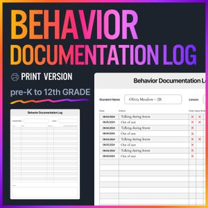 Behavior Documentation Log Chart | Behavior Tracker | Printable Teacher Worksheet Form for Classroom Management