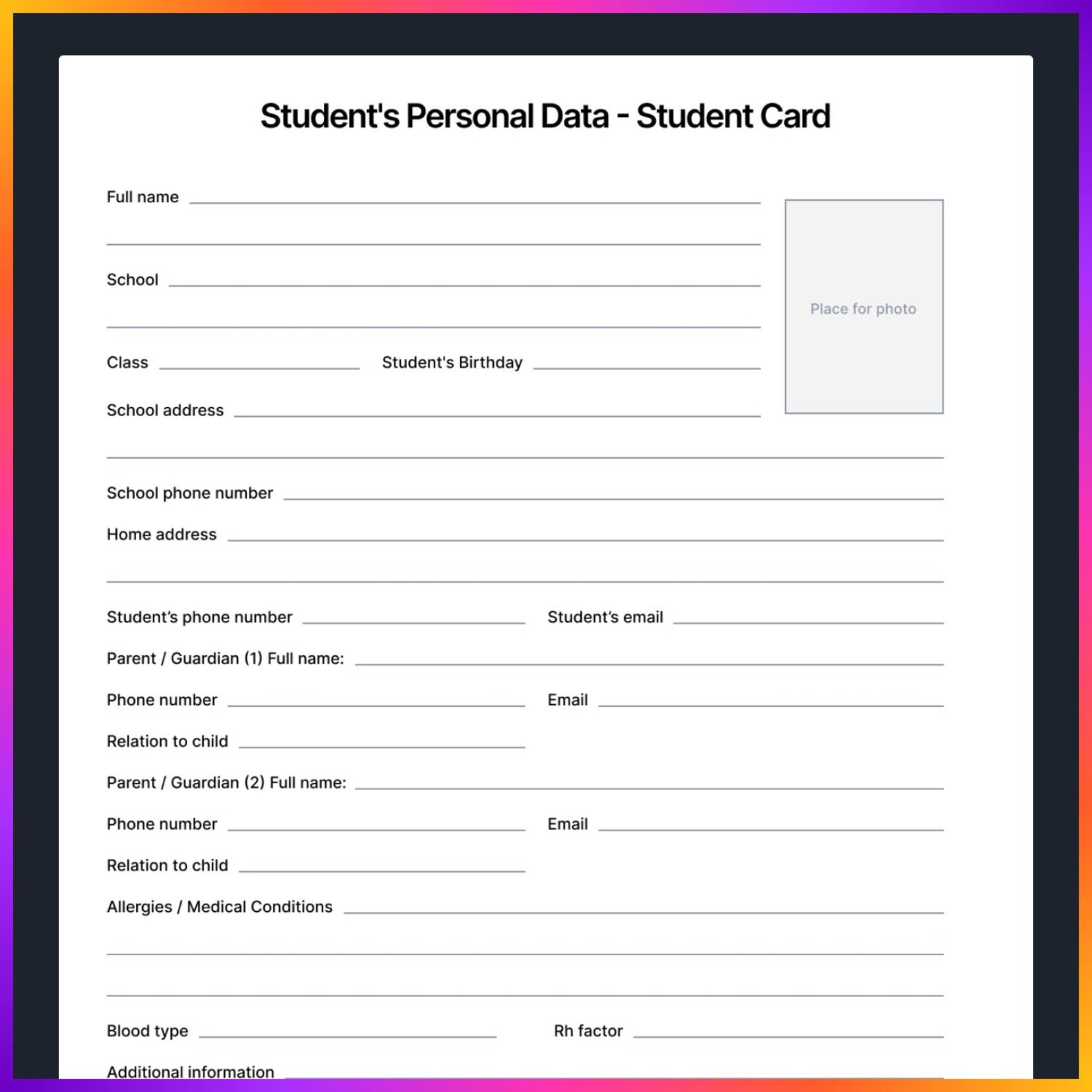 Student's Personal Data Card | Printable Student Information Sheet for ...