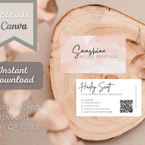 May include: A business card template with a pink watercolor background and the text "Sunshine Home Rentals". The back of the card has a QR code and the text "Hailey Scott Airbnb Property Manager" with contact information.