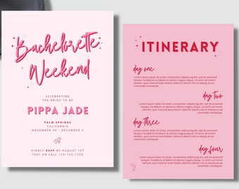 Plantilla editable de itinerario e invitación de fin de semana de despedida de soltera personalizable rosa brillante - Descarga digital instantánea imprimible