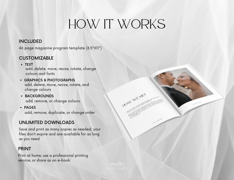 May include: A monochrome wedding magazine template with the title "HOW IT WORKS". The template includes a 46-page program, customisable text, graphics, backgrounds, and pages. The magazine is open to a page with a photograph of a couple.
