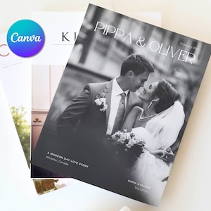 Revista do programa do dia do casamento com mais de 46 páginas, linha do tempo, gráfico de assentos, menu, história de casais, modelo editável do Canva, download de e-book para impressão DIY