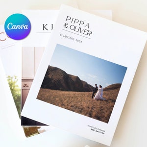 Modello di album fotografico per riviste di matrimonio da 70+ pagine, album di ritagli di storie di coppia, album fotografico da tavolino, download digitale stampabile di Canva