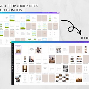 May include: A digital design layout demonstrating a before-and-after transformation. The top section shows a grid of placeholder images and text, while the bottom section displays a completed magazine layout with photos and text. The text reads: "DRAG + DROP YOUR PHOTOS TO GO FROM THIS TO THIS!"