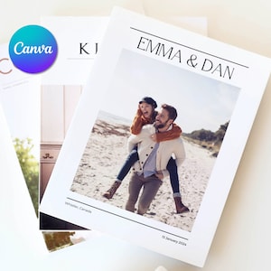 Revista do programa do dia do casamento com mais de 46 páginas, linha do tempo, gráfico de assentos, modelo editável do Canva, download de livro de mesa de centro para impressão, história de casais