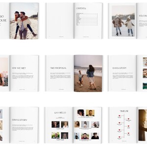 May include: A photo album with a white cover and black text. The album's pages feature photos and text, including the phrases "WE'RE SO HAPPY YOU'RE HERE," "CONTENTS," "HOW WE MET," "THE PROPOSAL," "DAN'S STORY," "TIMELINE," "SAY HELLO," and "WELCOME."