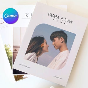 Revista do programa do dia do casamento com mais de 46 páginas, linha do tempo, gráfico de assentos, menu, história de casais, modelo editável do Canva, download de e-book para impressão DIY