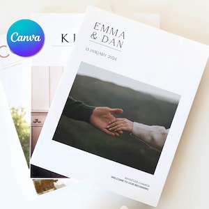 Revista do programa do dia do casamento com mais de 46 páginas, linha do tempo, gráfico de assentos, menu, história de casais, modelo editável do Canva, download de e-book para impressão DIY