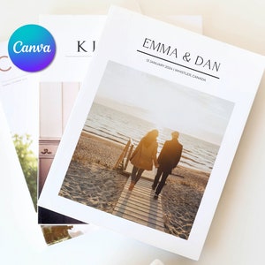 May include: Three white photo books. One book features the text "EMMA & DAN" and the date "13 JANUARY 2024 | WHISTLER, CANADA" above a photograph of a couple. The Canva logo is visible on the top left.