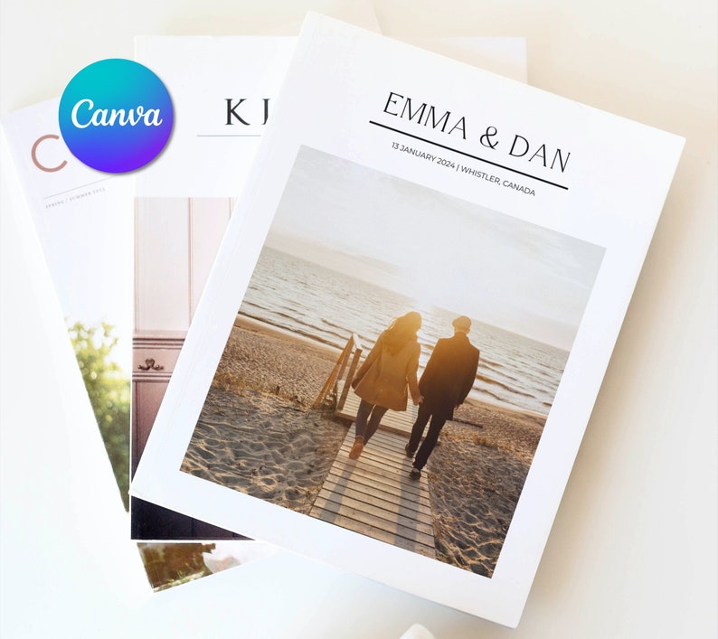 May include: Three white photo books. One book features the text "EMMA & DAN" and the date "13 JANUARY 2024 | WHISTLER, CANADA" above a photograph of a couple. The Canva logo is visible on the top left.
