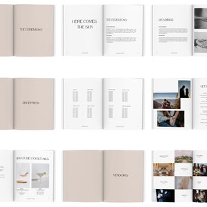 May include: A series of open wedding booklets with different layouts. The pages display headings such as "The Ceremony," "Readings," and "Reception." Some pages include photographs and text, while others show table settings and cocktail menus. The design is minimalist with a neutral colour palette.
