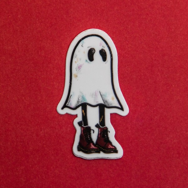 Ghost Wearing Cherry Red Doc Martens. Die Cut Vinyl Sticker. Quirky Funny Sticker for Water Bottles and Laptops. Waterproof sticker.