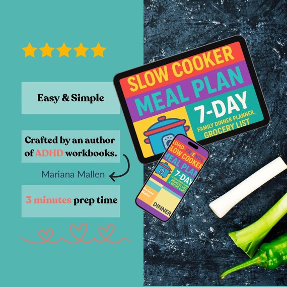 ADHD-Friendly Slow Cooker Meal Plan for Mums – 7-Day Family Dinner Planner PDF, Grocery List & Recipe Cards, Instant Download