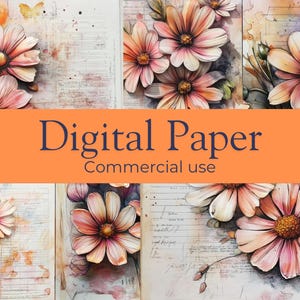 Digital Paper Colourful Flowers, Old Notebook Pages, Vintage 12 x 12 inches