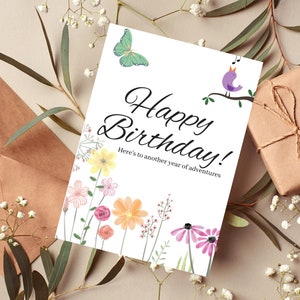 Singing Bird Happy Birthday druckbare Karte mit Umschlag Vorlage, schöne süße Frühlingsblume, Karte für Mama, Papa, Freund, Familie