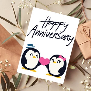 Happy Anniversary Penguin Love. Printable Card with Envelope Template. Anniversary Card for Husband, Wife, Boyfriend, Girlfriend.