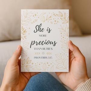 She Is More Precious Than Rubies – Proverbs 3:15 Christian Printable Card | Religious Encouragement, Birthday, or Faith Gift