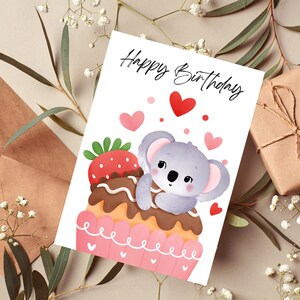 Süßer Cupcake Koala, druckbare Geburtstags-Grußkarte mit Umschlag-Vorlage, Karte für Kinder, Familie, Freunde, entzückender Koala.