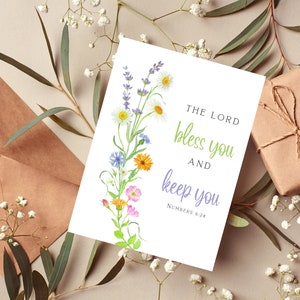 Una benedizione di fiori e fede - Che il Signore ti benedica e ti custodisca" (Numeri 6 24) Modello di biglietto e busta religiosa stampabile 5x7