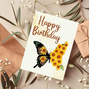Gelukkige verjaardag zonnebloem vlinder afdrukbare kaart met envelop sjabloon, 5 x 7, Instant download, blanco kaart.
