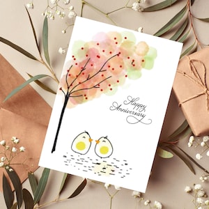 Feliz aniversario pájaros del amor. Tarjeta imprimible con plantilla de sobre. Tarjeta de aniversario en blanco. Marido, Esposa, Novio, Novia.