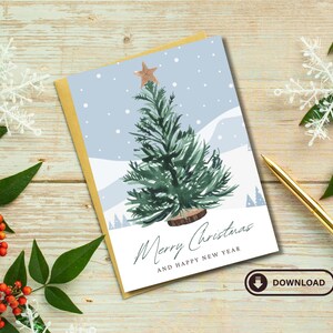 印刷可能な水彩画のクリスマス カード | メリー クリスマスと新年のお祝いのメッセージ付きのお祝いホリデー グリーティング カード | デジタル ダウンロード