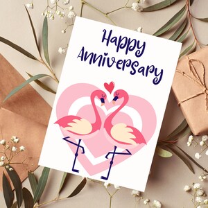 Feliz aniversario amor flamenco. Tarjeta imprimible con plantilla de sobre. Dulce tarjeta de aniversario para marido, esposa, novio, novia.