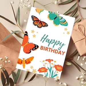 Glückliche Schmetterlinge Geburtstag Grußkarte, druckbare Karte mit Umschlag Vorlage, Schöne Spaß Geburtstagskarte für Mama, Schwester Freunde Familie