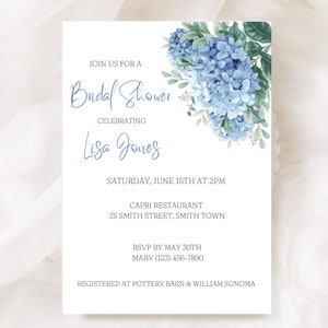 Bridal Shower Invitation, Hydrangea Bridal Shower Invitation, Invitation PDF Download, Free Personalization