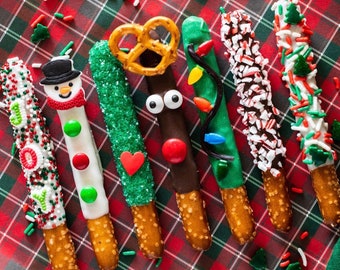 Kerstgunsten en -traktaties. Thema Met chocolade bedekte pretzels (dozijn) lerarengunsten en geschenken. kerstkoekjes.