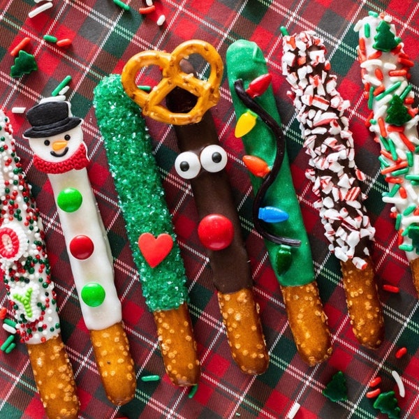 Christmas favors and treats. Theme Chocolate covered Pretzels (Dozen) teacher favors and gifts. christmas cookies.