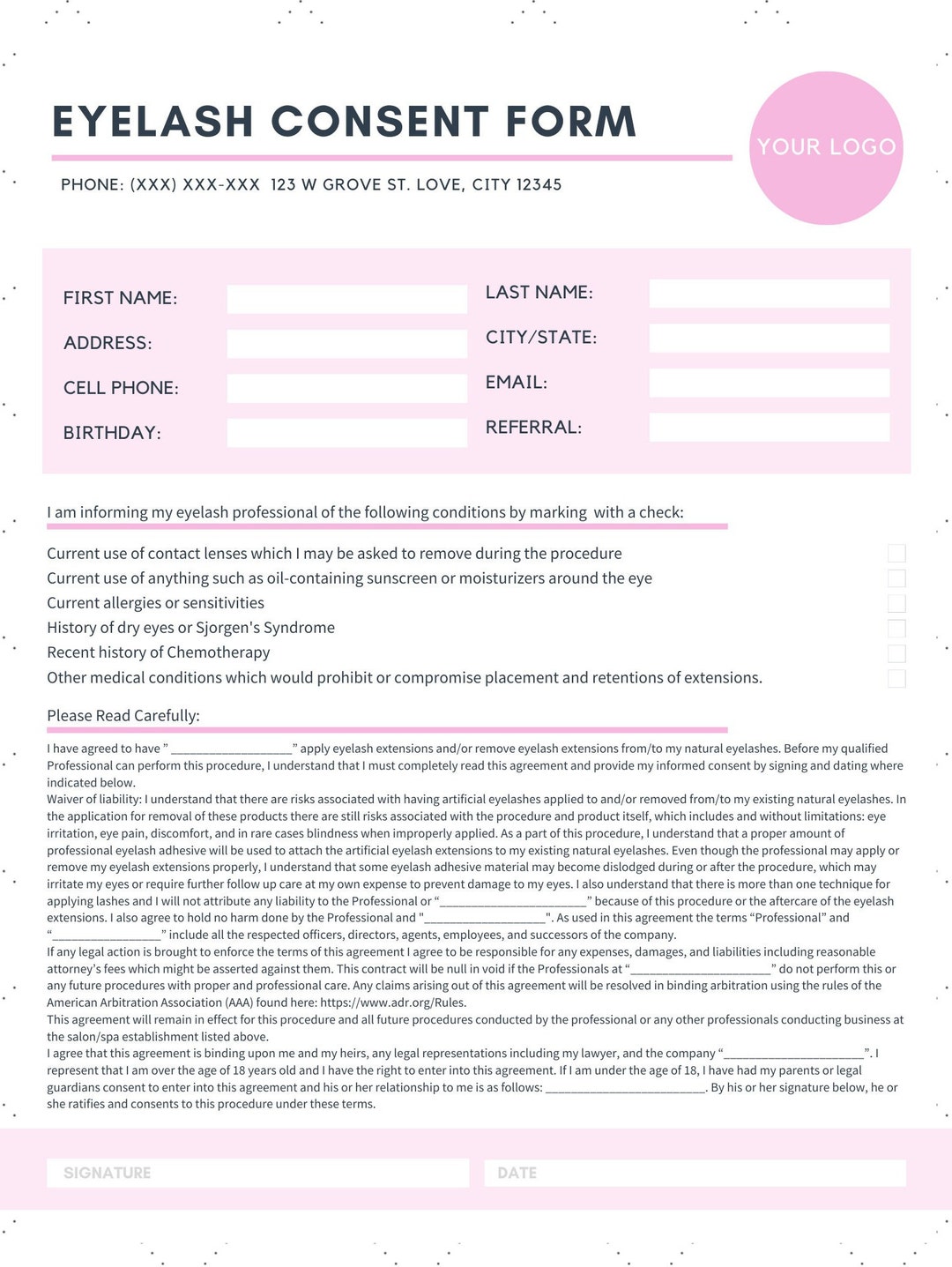 Eyelash Consent Form Etsy