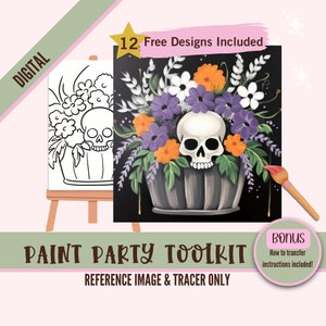 Schedelplanter bloemen middelpunt schilderij feestsublimatie png halloween tracer, doe-het-zelf voorgetekende canvasstencil voor verf- en slokfeestjes