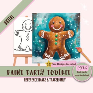 Kit imprimible para fiesta de pintura de hombre galleta de jengibre navideño - Juego de pintura y sorbo digital para niños/adultos - Arte en lienzo DIY con plantilla predibujada