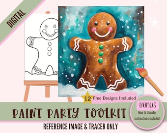 Holiday Gingerbread Cookie Man Paint Party Kit para impressão - Conjunto digital de goles e pintura para crianças/adultos - Arte em tela DIY com estêncil pré-desenhado