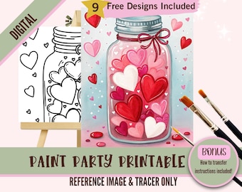 Printable Valentine&#39;s Day Paint Party Kit - Hearts Jar Pre-drawn Sip and Paint Canvas - Perfect for Galentine&#39;s Day Celebrations, Download