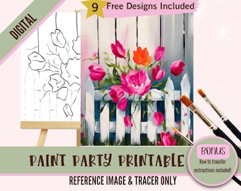 Könnte beinhalten: Digitaler druckbarer Malparty-Referenzbild und -Tracer mit einem weißen Lattenzaun mit rosa Tulpen. 9 kostenlose Designs enthalten. Bonus-Anweisungen zum Übertragen des Bildes sind ebenfalls enthalten.