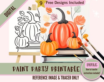 May include: Digital paint party printable featuring a pumpkin design. The image shows a color version of pumpkins and a black and white outline version. The text reads "9 Free Designs Included" and "Paint Party Printable". Paintbrushes are also included.