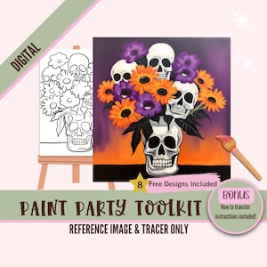DIY Schädel Pflanzgefäß Gemälde, Halloween Leinwanddruck Vorlage & Printables für Farb- und Schluckpartys, PNG Sublimationsdesign Gliederung, Blumenmuster
