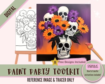 DIY Skull Planter Painting, Halloween Canvas Prints Template & Printables for Paint and Sip Parties, PNG Sublimation Design Outline, Floral