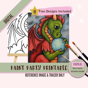 Fiesta de pintura de dragón de dibujos animados imprimible / Descarga digital de arte de fantasía lindo / Plantilla de pintura y bebida para niños / Kit de dragón fácil